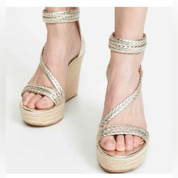Badgley Mischka Lita Leather Espadrilles Size 8.5 Silver Wedge Sandals - Picture 1 of 16